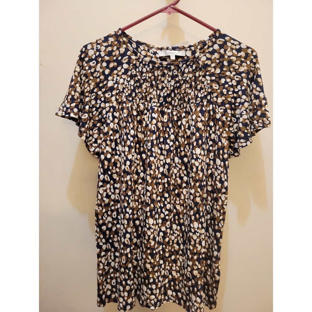 Next Womens Animal Print Smocked Neck Flutter Sleeve Top NavyTan Size 10 NEW 210